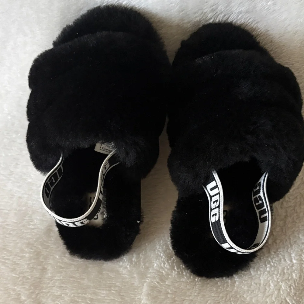 UGG Kids Black Furry Slide Sandals with Branded Heel Strap